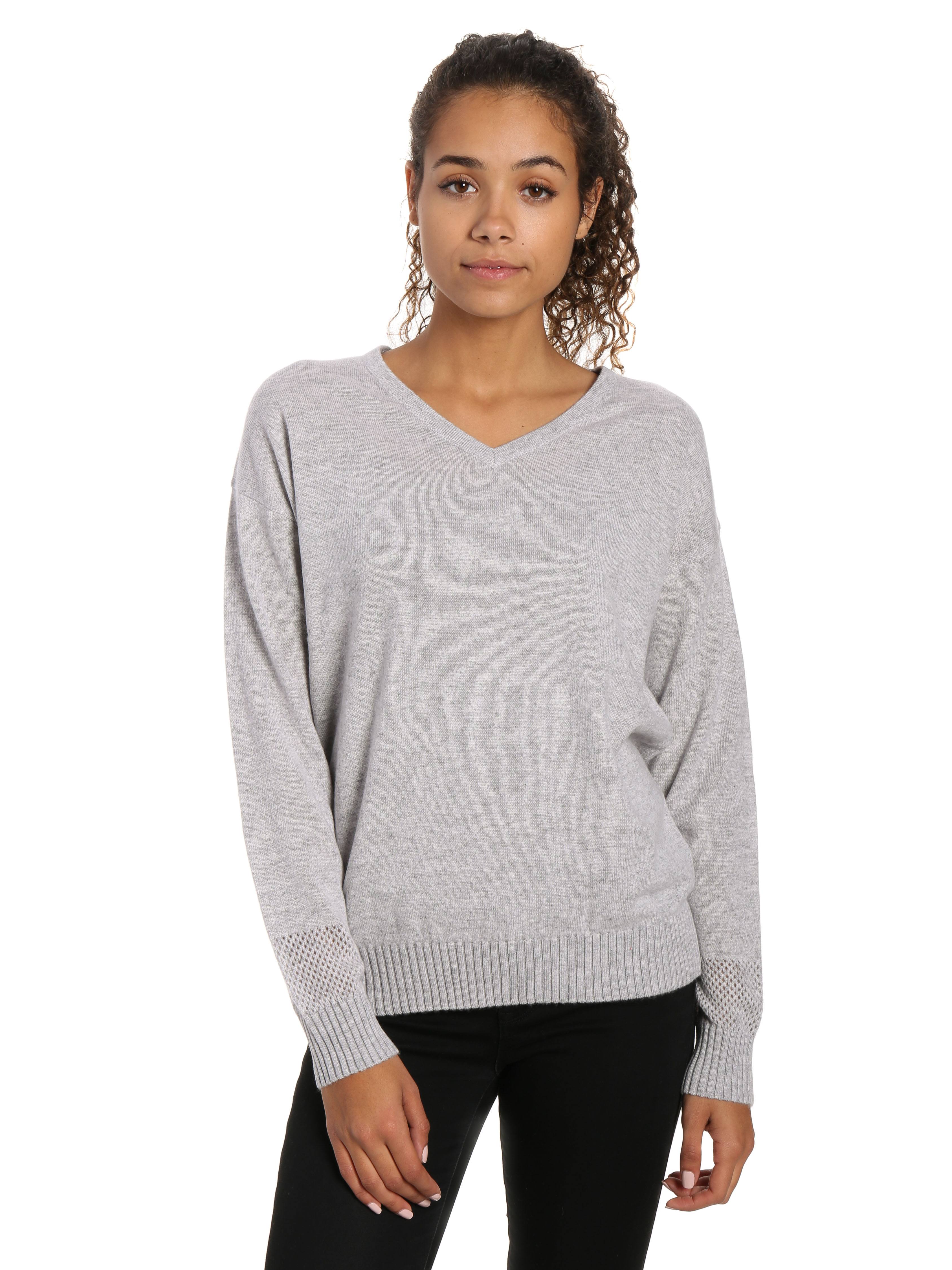 Zainuno Moizni Women's 100% Cashmere V-Neck Sweater with Mesh Sleeve